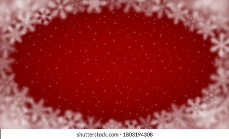 Fondo navideño de copos de nieve de diferente forma, borrosidad y transparencia, arreglado en una elipse, sobre fondo rojo