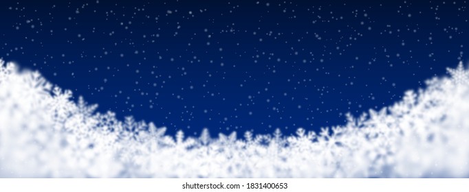 Christmas background of snowflakes of different shape, blur and transparency, located bottom, on blue background