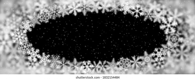 Fondo navideño de copos de nieve de diferente forma, borrosidad y transparencia, arreglado en una elipse, sobre fondo negro
