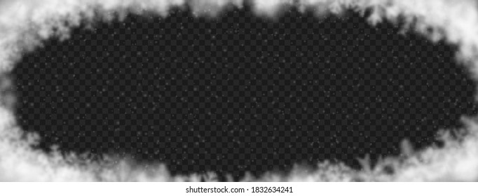 Christmas background of snowflakes of different shape, blur and transparency, arranged in a ellipse, on transparent background
