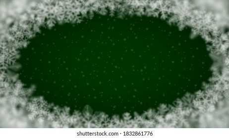 Christmas background of snowflakes of different shape, blur and transparency, arranged in a ellipse, on green background