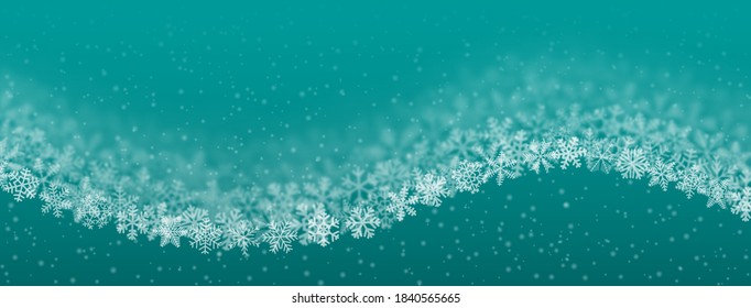 Christmas background of snowflakes of different shape, blur and transparency, wave shaped, on turquoise background