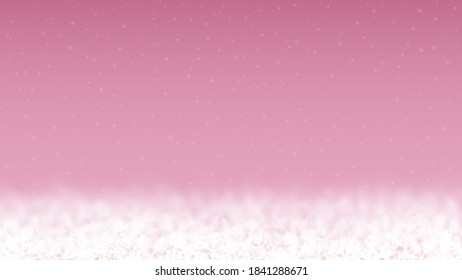 Christmas background of snowflakes of different shape, blur and transparency, located bottom, on pink background