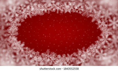 Christmas background of snowflakes of different shape, blur and transparency, arranged in a ellipse, on red background