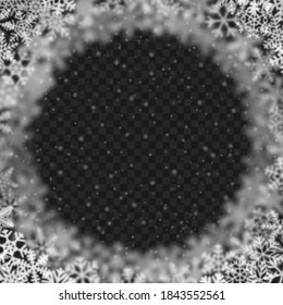 Christmas background of snowflakes of different shape, blur and transparency, arranged in a circle, on transparent background