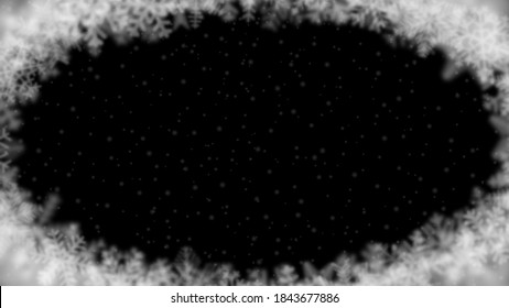 Christmas background of snowflakes of different shape, blur and transparency, arranged in a ellipse, on black background
