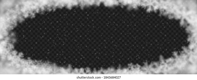 Christmas background of snowflakes of different shape, blur and transparency, arranged in a ellipse, on transparent background