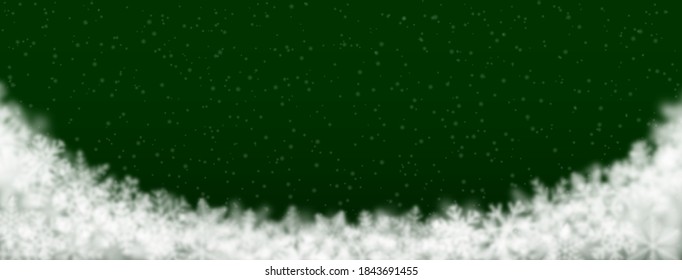 Christmas background of snowflakes of different shape, blur and transparency, located bottom, on green background