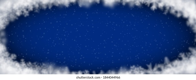 Christmas background of snowflakes of different shape, blur and transparency, arranged in a ellipse, on blue background