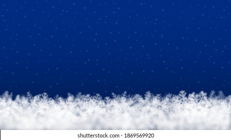 Weihnachtshintergrund aus Schneeflocken verschiedener Form, unscharf und transparent, unten auf blauem Hintergrund