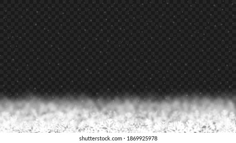 Christmas background of snowflakes of different shape, blur and transparency, located bottom, on transparent background
