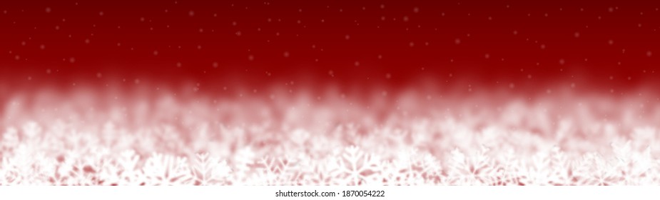 Christmas background of snowflakes of different shape, blur and transparency, located bottom, on red background