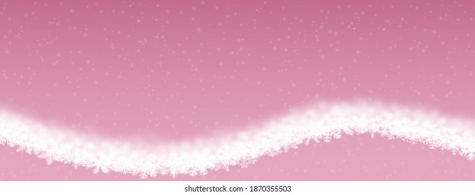 Christmas background of snowflakes of different shape, blur and transparency, wave shaped, on pink background
