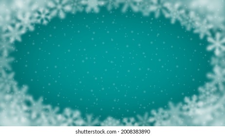 Christmas background of snowflakes of different shape, blur and transparency, arranged in a ellipse, on turquoise background