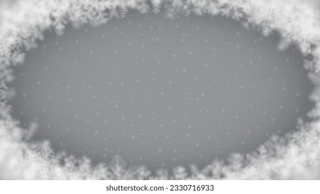 Christmas background of snowflakes of different shape, blur and transparency, arranged in a ellipse, on gray background