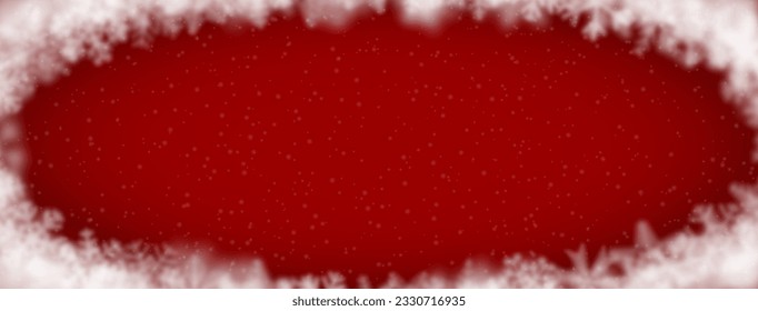 Christmas background of snowflakes of different shape, blur and transparency, arranged in a ellipse, on red background