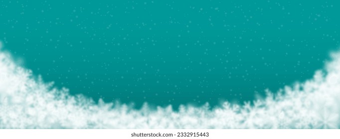 Christmas background of snowflakes of different shape, blur and transparency, located bottom, on turquoise background