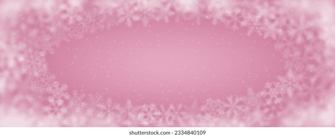 Fondo navideño de copos de nieve de diferente forma, borrosidad y transparencia, dispuestos en una elipse, sobre fondo rosa