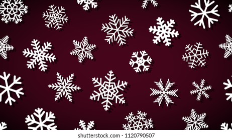 Christmas background of snowflakes of different shapes and sizes with shadows. White on dark red.