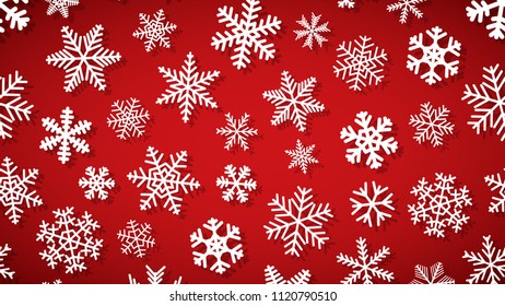 Christmas background of snowflakes of different shapes and sizes with shadows. White on red.