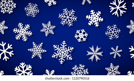 Christmas background of snowflakes of different shapes and sizes with shadows. White on dark blue.