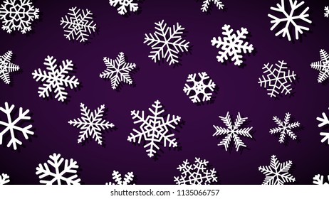 Christmas background of snowflakes of different shapes and sizes with shadows. White on dark purple.