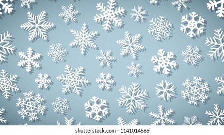 Christmas background of snowflakes of different shapes and sizes with shadows. White on light blue.