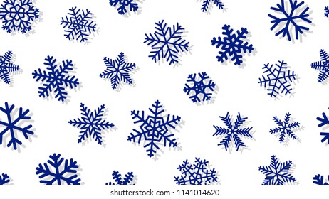 Christmas background of snowflakes of different shapes and sizes with shadows. Blue on white