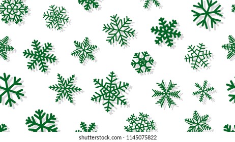 Christmas background of snowflakes of different shapes and sizes with shadows. Green on white