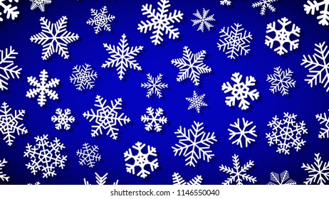 Christmas background of snowflakes of different shapes and sizes with shadows. White on blue.