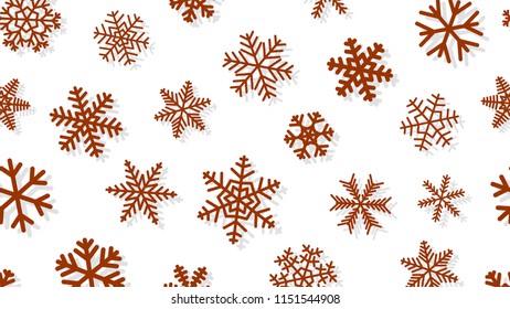 Christmas background of snowflakes of different shapes and sizes with shadows. Brown on white