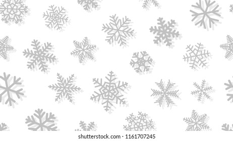 Christmas background of snowflakes of different shapes and sizes with shadows. Gray on white