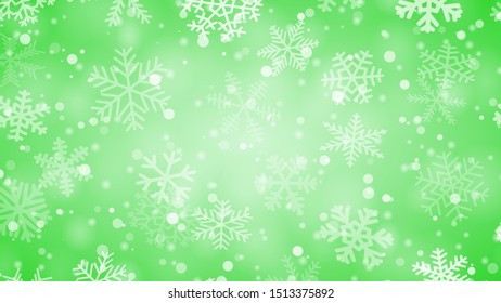 Christmas background of snowflakes of different shapes, sizes and transparency in green colors