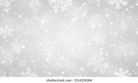 Weihnachtshintergrund von Schneeflocken verschiedener Formen, Größen und Transparenz in grauen Farben