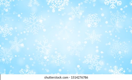 Christmas background of snowflakes of different shapes, sizes and transparency in light blue colors