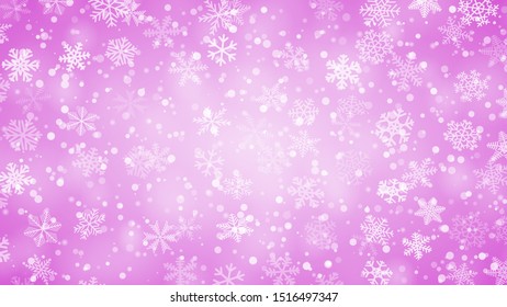Christmas background of snowflakes of different shapes, sizes and transparency in purple colors