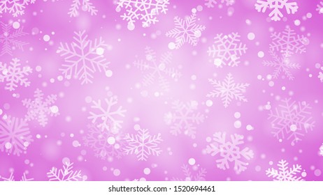 Christmas background of snowflakes of different shapes, sizes and transparency in purple colors