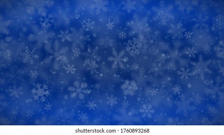 Weihnachtshintergrund für Schneeflocken verschiedener Formen, Größen, Unschärfe und Transparenz in blauen Farben