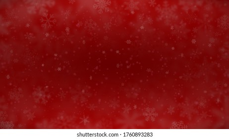 Christmas background of snowflakes of different shapes, sizes, blur and transparency in red colors