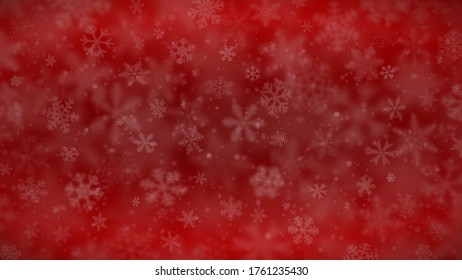 Fondo navideño de copos de nieve de diferentes formas, tamaños, borrosidad y transparencia en colores rojos