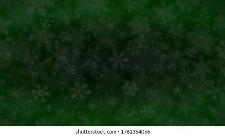Christmas background of snowflakes of different shapes, sizes, blur and transparency in dark green colors