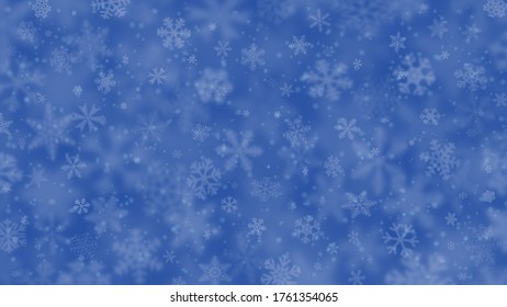 Fondo navideño de copos de nieve de diferentes formas, tamaños, borrosidad y transparencia en colores azules