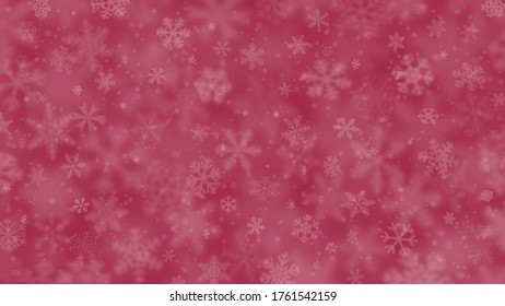 Fondo navideño de copos de nieve de diferentes formas, tamaños, borrosidad y transparencia en colores rosados