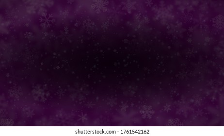 Weihnachtshintergrund für Schneeflocken verschiedener Formen, Größen, Unschärfe und Transparenz in dunkelvioletten Farben