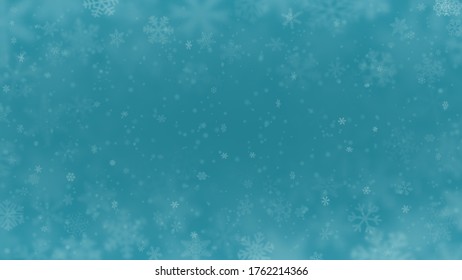 Weihnachtshintergrund für Schneeflocken verschiedener Formen, Größen, Unschärfe und Transparenz in hellblauen Farben