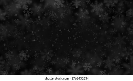 Fondo navideño de copos de nieve de diferentes formas, tamaños, borrosidad y transparencia en colores negros