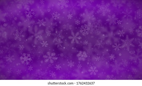 Christmas background of snowflakes of different shapes, sizes, blur and transparency in purple colors