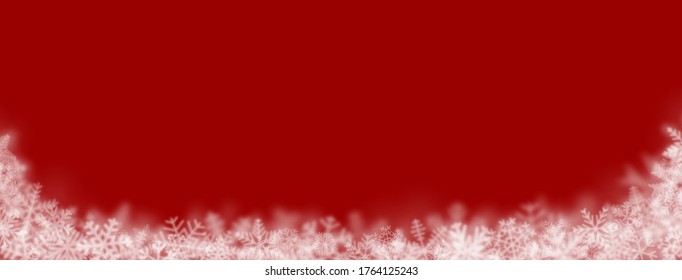 Christmas background of snowflakes of different shapes, sizes, blur and transparency on red background