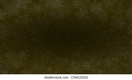 Christmas background of snowflakes of different shapes, sizes, blur and transparency in dark yellow colors