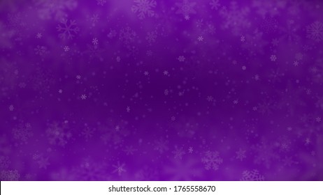 Christmas background of snowflakes of different shapes, sizes, blur and transparency in purple colors